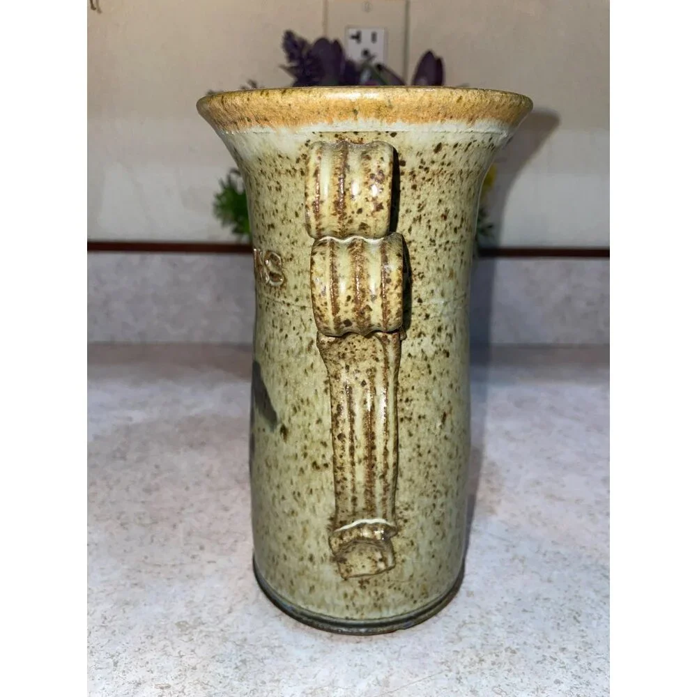 Vintage Ceramic Spoon Holder With Textured Handles & Unique Glaze Finish